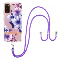 YB IMD-9 Series IMD IML Electroplating Phone Case for Samsung Galaxy S20 4G/S20 5G, Soft TPU Flower Pattern Phone Cover with Lanyard - HC004 Purple Begonia