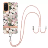 YB IMD-9 Series IMD IML Electroplating Phone Case for Samsung Galaxy S20 4G/S20 5G, Soft TPU Flower Pattern Phone Cover with Lanyard - HC001 Green Gardenia