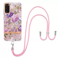 YB IMD-9 Series IMD IML Electroplating Phone Case for Samsung Galaxy S20 4G/S20 5G, Soft TPU Flower Pattern Phone Cover with Lanyard - HC006 Purple Peony