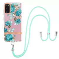 YB IMD-9 Series IMD IML Electroplating Phone Case for Samsung Galaxy S20 4G/S20 5G, Soft TPU Flower Pattern Phone Cover with Lanyard - HC002 Blue Rose