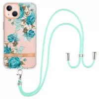 YB IMD Series TPU Phone Case for iPhone 13 6.1 inch, Adjustable Shoulder Strap Electroplated Flower Patterns IML Phone Cover - HC002 Blue Rose
