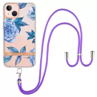 YB IMD Series TPU Phone Case for iPhone 13 6.1 inch, Adjustable Shoulder Strap Electroplated Flower Patterns IML Phone Cover - HC003 Blue Peony