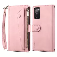 ESEBLE For Samsung Galaxy S20 FE 5G Anti-scratch Cell Phone Cover Zipper Pocket Wallet Stand Shockproof Phone Case Bag with Wrist Strap - Pink