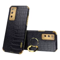 For Samsung Galaxy S20 FE 4G/5G Crocodile Texture 6D Electroplated PU Leather Coated TPU Phone Case Cover with Ring Kickstand - Black