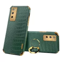 For Samsung Galaxy S20 FE 4G/5G Crocodile Texture 6D Electroplated PU Leather Coated TPU Phone Case Cover with Ring Kickstand - Green