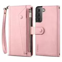 ESEBLE For Samsung Galaxy S21 FE 5G Phone Cover Zipper Pocket Adjustable Stand Wallet Multi-functional Cell Phone Case - Pink