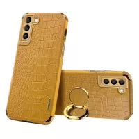 For Samsung Galaxy S22 5G Mobile Phone Cover PU Leather+TPU Crocodile Texture Kickstand Electroplating Finger Ring Holder Phone Case - Yellow