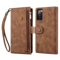 ESEBLE For Samsung Galaxy S20 FE 5G Anti-scratch Cell Phone Cover Zipper Pocket Wallet Stand Shockproof Phone Case Bag with Wrist Strap - Brown