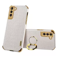 For Samsung Galaxy S21 FE 5G Crocodile Texture 6D Electroplated Kickstand Phone Case PU Leather Coated TPU Cover - White
