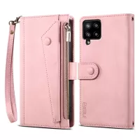 ESEBLE For Samsung Galaxy A12 5G PU Leather Phone Case Bag Zipper Pocket Wallet Stand Shockproof Phone Covering with Wrist Strap - Pink