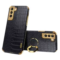For Samsung Galaxy S22 5G Mobile Phone Cover PU Leather+TPU Crocodile Texture Kickstand Electroplating Finger Ring Holder Phone Case - Black
