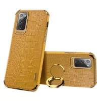 For Samsung Galaxy Note 20 5G/4G 6D Electroplated Crocodile Texture Kickstand Phone Case PU Leather Coated TPU Shell - Yellow