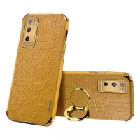 For Samsung Galaxy S20 FE 4G/5G Crocodile Texture 6D Electroplated PU Leather Coated TPU Phone Case Cover with Ring Kickstand - Yellow