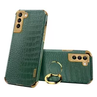 For Samsung Galaxy S22 5G Mobile Phone Cover PU Leather+TPU Crocodile Texture Kickstand Electroplating Finger Ring Holder Phone Case - Green