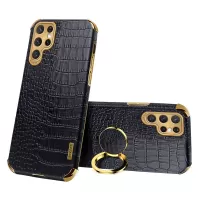 For Samsung Galaxy S22 Ultra 5G Shockproof Phone Cover Bag Crocodile Texture Kickstand Electroplating Finger Ring Holder PU Leather Coated TPU Phone Case - Black