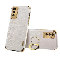 6D Electroplated Crocodile Texture Phone Case for Samsung Galaxy A13 5G, Ring Kickstand PU Leather Coated TPU Cover - White