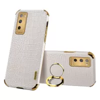 For Samsung Galaxy S20 FE 4G/5G Crocodile Texture 6D Electroplated PU Leather Coated TPU Phone Case Cover with Ring Kickstand - White