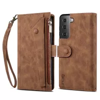 ESEBLE For Samsung Galaxy S21 FE 5G Phone Cover Zipper Pocket Adjustable Stand Wallet Multi-functional Cell Phone Case - Brown