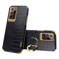 For Samsung Galaxy Note20 Ultra 5G/4G 6D Electroplated Ring Kickstand Phone Cover Crocodile Texture PU Leather Coated TPU Case - Black