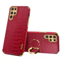 For Samsung Galaxy S22 Ultra 5G Shockproof Phone Cover Bag Crocodile Texture Kickstand Electroplating Finger Ring Holder PU Leather Coated TPU Phone Case - Red