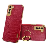 For Samsung Galaxy S22 5G Mobile Phone Cover PU Leather+TPU Crocodile Texture Kickstand Electroplating Finger Ring Holder Phone Case - Red