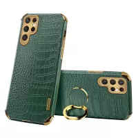 For Samsung Galaxy S22 Ultra 5G Shockproof Phone Cover Bag Crocodile Texture Kickstand Electroplating Finger Ring Holder PU Leather Coated TPU Phone Case - Green