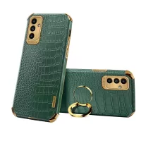 6D Electroplated Crocodile Texture Phone Case for Samsung Galaxy A13 5G, Ring Kickstand PU Leather Coated TPU Cover - Green