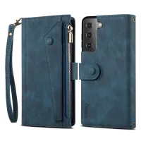 ESEBLE For Samsung Galaxy S21 FE 5G Phone Cover Zipper Pocket Adjustable Stand Wallet Multi-functional Cell Phone Case - Blue
