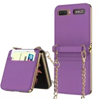 GKK Cross Texture Genuine Leather Card Slots Design Magnetic Phone Case Cover with Metal Chain for Samsung Galaxy Z Flip - Purple