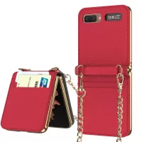 GKK Cross Texture Genuine Leather Card Slots Design Magnetic Phone Case Cover with Metal Chain for Samsung Galaxy Z Flip - Red