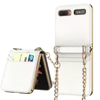 GKK Cross Texture Genuine Leather Card Slots Design Magnetic Phone Case Cover with Metal Chain for Samsung Galaxy Z Flip - White