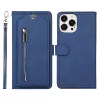 For iPhone 13 Pro Max 6.7 inch Rotating Zippered Pocket Mirror Design Wallet PU Leather Phone Case Cover with Stand - Blue