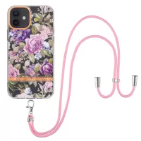 For iPhone 12/12 Pro 6.1 inch YB IMD-9 Series Flower Pattern IMD Electroplating Case Soft TPU Stylish Phone Shell Cover with Lanyard - HC006 Purple Peony