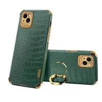 For iPhone 13 mini 5.4 inch 6D Precise Cutout Electroplated Crocodile Texture Leather Coated TPU Phone Case with Finger Ring Kickstand - Green