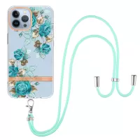 For iPhone 13 Pro Max 6.7 inch YB IMD-9 Series Flower Pattern IMD Electroplating Cover Light Slim Soft TPU Phone Case with Lanyard - HC002 Blue Rose