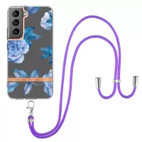 For Samsung Galaxy S22 5G YB IMD-9 Series TPU Phone Case Electroplating IMD IML Flower Pattern Mobile Phone Shell and Lanyard - HC003 Blue Peony
