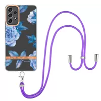 YB IMD-9 Series Flower Pattern Electroplating TPU Case for Samsung Galaxy A53 5G, IMD IML Anti-scratch Phone Cover with Lanyard - HC003 Blue Peony