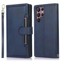 For Samsung Galaxy S22 Ultra 5G Wrist Strap Magnetic Clasp Anti-fall Protection Case Split Leather Stand Phone Cover with Multiple Card Slots - Blue