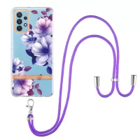 YB IMD-9 Series Electroplating TPU Phone Case for Samsung Galaxy A32 4G (EU Version), Lanyard Design Flower Pattern IMD IML Cellphone Cover - HC004 Purple Begonia