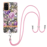 For Samsung Galaxy S20 Plus 4G/5G YB IMD-9 Series IMD IML Electroplating TPU Phone Case Flower Pattern Cover with Lanyard - HC006 Purple Peony