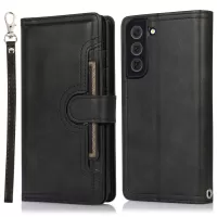 For Samsung Galaxy S22 5G Split Leather Stand Multiple Card Slots Case Wallet Phone Cover with Hand Strap - Black