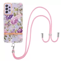 For Samsung Galaxy A72 4G/5G YB IMD-9 Series IMD IML Electroplating Flexible TPU Flower Pattern Phone Case Cover with Lanyard - HC006 Purple Peony