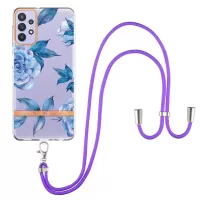 For Samsung Galaxy A32 5G/M32 5G YB IMD-9 Series Electroplating Stylish Flower Pattern IMD Case Soft TPU Shockproof Phone Cover with Lanyard - HC003 Blue Peony