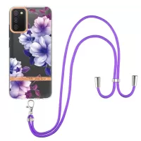 For Samsung Galaxy A02s (166.5x75.9x9.2mm) YB IMD-9 Series Flower Pattern Phone Case Lanyard Style Electroplating IMD TPU Shockproof Protection Cover - HC004 Purple Begonia