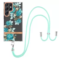 For Samsung Galaxy S22 Ultra 5G YB IMD-9 Series Flower Pattern TPU Case Electroplating IMD IML Anti-fall Phone Cover with Lanyard - HC002 Blue Rose