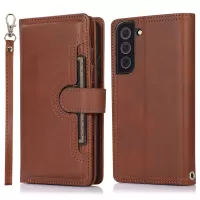 For Samsung Galaxy S22 5G Split Leather Stand Multiple Card Slots Case Wallet Phone Cover with Hand Strap - Coffee