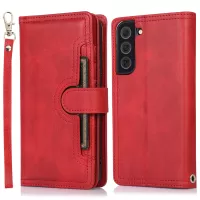 For Samsung Galaxy S22 5G Split Leather Stand Multiple Card Slots Case Wallet Phone Cover with Hand Strap - Red