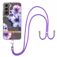 For Samsung Galaxy S22+ 5G YB IMD-9 Series Anti-scratch Electroplating IMD IML Phone TPU Case Cover with Flower Pattern and Lanyard - HC004 Purple Begonia