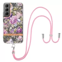 For Samsung Galaxy S22 5G YB IMD-9 Series TPU Phone Case Electroplating IMD IML Flower Pattern Mobile Phone Shell and Lanyard - HC006 Purple Peony