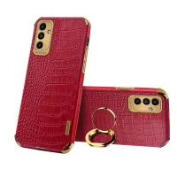 For Samsung Galaxy M52 5G 6D Electroplated Finger Ring Kickstand Design Precise Cutout Crocodile Texture Leather Coated TPU Phone Case - Red